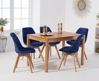 Oxford 120cm Solid Oak Dining Table with Duke Velvet Chairs - Blue, 4 Chairs