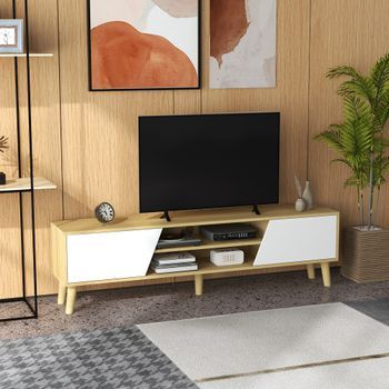 Mueble Tv De Melamina Madera De Caucho Homcom 150x30x42 Cm-roble