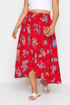 Yours Falda Roja De Flores Corte Tulipán, Mujer Curvy Y Tallas Grandes, Yours