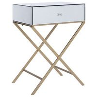 mesa auxiliar con tablero espejado plateado patas de metal dorado 50 x 40 cm estilo glamour moderno con 1 cajon vivy