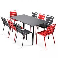 mesa de jardin rectangular y 8 sillas de metal gris y rojo