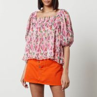 ganni pleated georgette puff sleeve smock top - eu 38uk 10