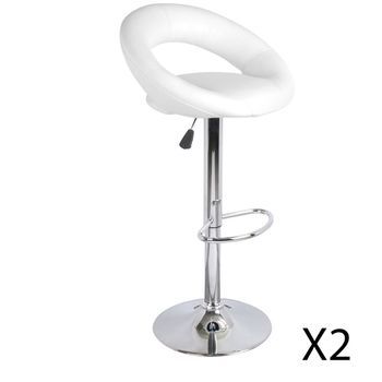 Lote De 2 Taburetes De Bar Ajustables En Altura 77-97 Cm - Asiento De Cuero Sintético Pu Blanco, Pie De Metal Gris, Diámetro 40 Cm.