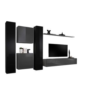 Conjunto De Muebles De Salón Mural Switch Vi Diseño, Colores Gris Y Negro Brillante.