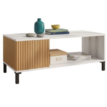 Mesa De Centro Salón Comedor Tokio Estilo Nóridco En Roble Ryado Y Blanco Albo 100x41 Cm