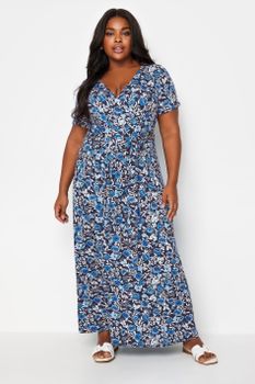 Yours Vestido Cruzado Negro De Flores Azules, Mujer Curvy Y Tallas Grandes, Yours