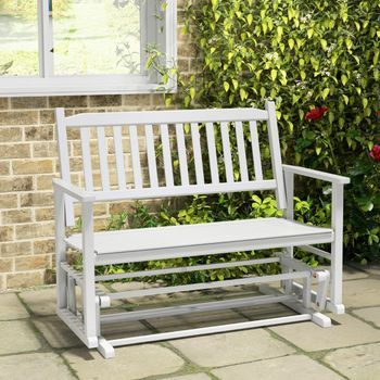 Banco Patio 2 Plazas Mecedora Listones Respaldo Curvado Deslizante Blanco 126x68x100 Cm