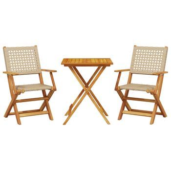 Juego De Bistro De 3 Uds | Conjunto Mueble Jardin Mesa Y Sillas Ratán Pe Y Madera Maciza Beige
