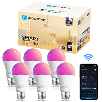 Aigostar Bombilla Inteligente E27 SL2 Bombillas Alexa LED 9W 806LM Bombilla Wifi RGB & 2700K-6500K Regulable, Sincronización con la música, Conexión rápida, Compatible Alexa y Google Home, 6 pack