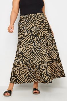 Yours Falda Larga Escalonada Marrón Estampada, Mujer Curvy Y Tallas Grandes, Yours