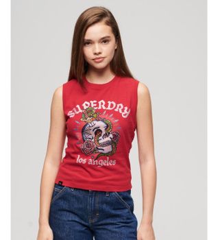 Superdry para mujer. W6011781A Camiseta sin mangas con strass Tattoo rojo (M), Casual, Algodón, Sin mangas / Tirantes