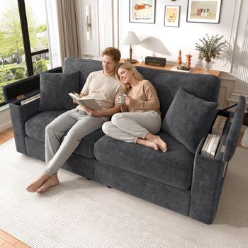 Sofá De 2 Plazas Con Almacenamiento Integrado Y Bolsillos Laterales, 2 Cojines - Tela De Chenilla - 180 X 81,5 X 84 Cm - Gris Oscuro