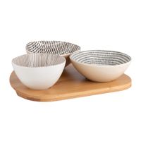bandeja de aperitivos de bambu con 3 cuencos de ceramica blanca y gris estampada