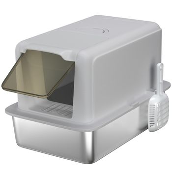 PawHut Bandeja de Arena para Gatos, Recipiente de Acero Inoxidable, Filtro, Pala, para Gatos hasta 6 kg, 40,5 x 60,5 x 41,5 cm, Gris/Plata   Aosom España