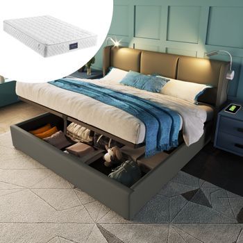 Cama Tapizada Doble Con Almacenamiento En Baúl, Lámpara Led De Lectura Con Carga Usb, Cabecera, Somier De Lamas, Con Colchón 160x200
