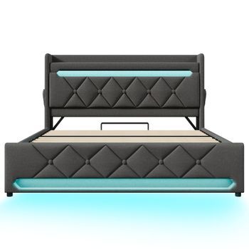 Cama Tapizada Doble 140x200cm Con Iluminación Led 360°, Cabecera Con Almacenamiento Y Puerto Usb-c, Sistema Hidráulico De Lino, Colchón De 620 Muelles, Somier Incluido, Color Gris