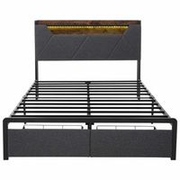 cama con cajon 140x200cm tapizada en tela de lino - con led y puertos de carga - gris
