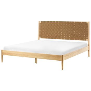 Cama Minimalista Con Somier De Láminas Y Cabecero Tapizado 180 X 200 Cm Madera De Pino Marrón Claro Brunemont