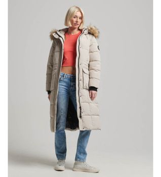 Superdry para mujer. W5011566A Abrigo largo acolchado Everest beige (L), Casual, Poliéster