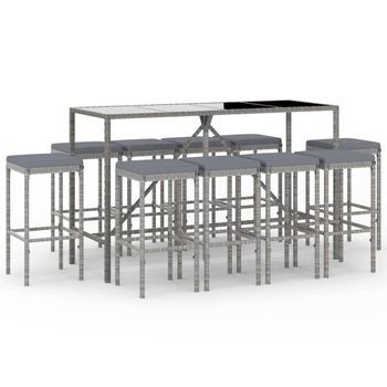 Mesa Y Taburetes Altos Jardín 11 Piezas Y Cojines Ratán Pe Gris Vidaxl