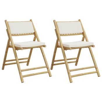 Pack 2 Uds Sillas De Bistró Plegables Con Cojines Bambú Blanco Crema