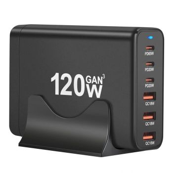 [GaN Tech] Cargador USB PD de 120W con 6 puertos 3USB-A+3USB-C Estación de carga rápida para escritorio con enchufe EU p
