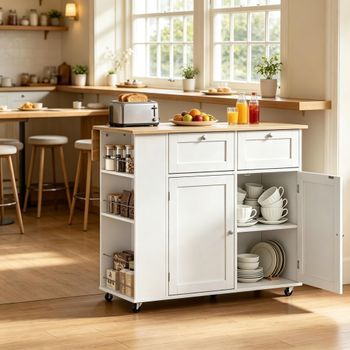 Isla De Cocina Con Encimera Plegable, 101 X 62 X 86 Cm, Blanco Y Roble Claro