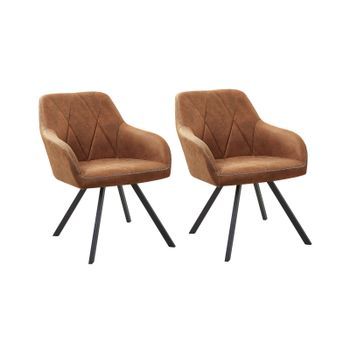 Conjunto De 2 Sillas De Comedor De Tela Marrón Con Reposabrazos Respaldo Acolchado Patas Metálicas Negras Retro Monee