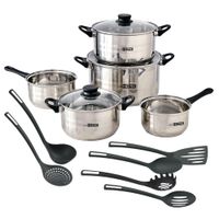 bateria de cocina de acero inox con utensilios de cocina negro