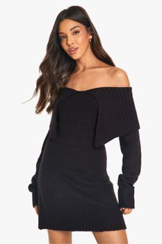 Vestido Jersey Oversize De Punto Suave Con Escote Barco Y Cuello, Negro
