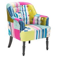 sillon tapizado en tela multicolor azul patchwork club botones patas de madera mandal