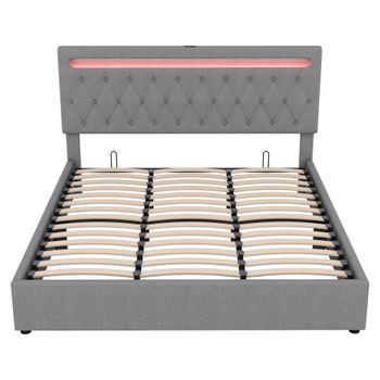 Cama Con Almacenaje Acolchada 180x200cm Con Led Que Cambia De Color Y Tomas Usb Gris