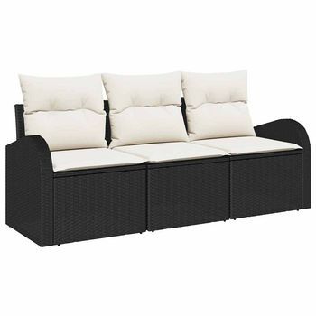 Conjunto De Sofá De Jardín Con Cojín 3 Piezas | Mueble De Jardín Negro Poliratán