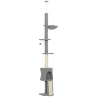 pawhut arbol para gatos de piso a techo altura ajustable 220-240cm con hamaca plataformas en flor cuevas rampa bola gris claro