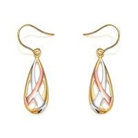 9ct Gold Three Colour Teardrop Hook Wire Earrings - 35mm drop - G4813