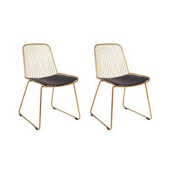 Conjunto De 2 Sillas De Comedor De Metal Respaldo De Alambre Asiento De Piel Sintética Dorado Pensacola