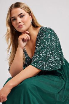 Luxe Vestido Largo Verde Pino Adornado Con Lentejuelas, Mujer Curvy Y Tallas Grandes, Luxe: Ultimate Embellishment