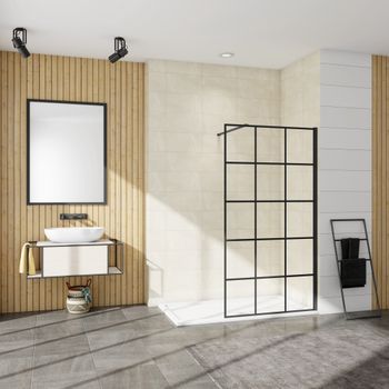 Aica Walkin Mampara Panel De Ducha Serigrafiada De Celosía Cuadrada Vidrio Antical 8mm Con Barra 70-120cm Perfil Negro Mate (108-110)x200cm