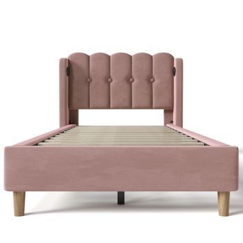 Cama De 90x200 Cm Con Colchón, Usb Tipo-c, Cabecero Acolchado, Tela De Lino, Cama Individual, Somier De Lamas, Color Rosa