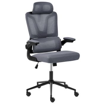 Silla De Oficina Moderna Asiento De Piel Sintética Respaldo De Malla Altura Giro 360° Reposabrazos Ajustables Inclinación Gris Oscuro Kryos