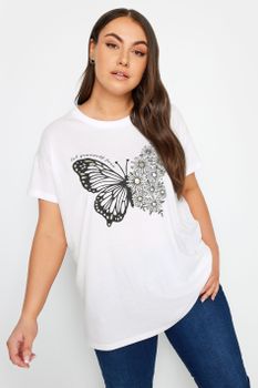 Yours Camiseta Blanca De Mariposa Con Flores, Mujer Curvy Y Tallas Grandes, Yours
