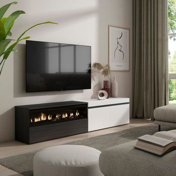 Mueble tv efecto madera blanco y negro 200x35x45 chimenea efecto fuego
