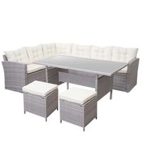 juego completo de muebles de jardin terraza balcon veranda en polirratan gris claro cojin crema con taburete x2 040004194