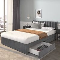 cama con cabecero y 2 cajones - 160 x 200 cm - tela de terciopelo - somier de laminas - gris
