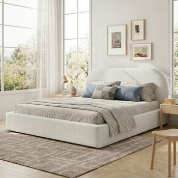 Cama Tapizada Beige De 180 X 200 Cm Con Somier Incluido Y Cabecero Acolchado