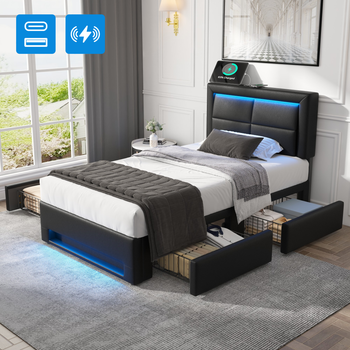 Cama Tapizada 90x200 Cm Con Iluminación Led, Puertos Usb (inalámbrico/por Cable), 4 Cajones, Negro, Similicuir Texturizado, Sin Colchón
