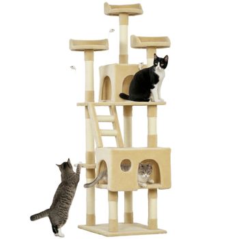PawHut Rascador Gato Árbol con Poste de Arañar Múltiples Plataformas Escaleras Cuevas Juguetes Centro de Actividades 60x50x180 cm Beige   Aosom España