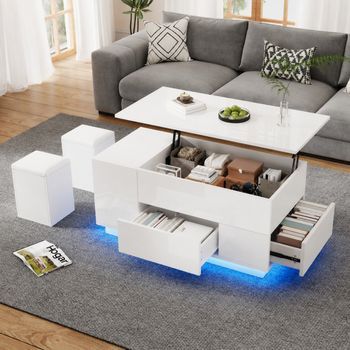 Mesa De Centro Elevable Hasta 59 Cm, Blanca, Con Dos Cajones E Iluminación Led