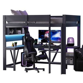 Cama Alta Para Videojuegos, 90x200 Cm, Madera, Escritorio, Estantes, Led, Cargador, Gris