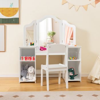 Mesa De Tocador Y Silla Para Niños Espejo Tri-plegable Removible 4 Compartimentos Almacenamiento Blanco Cfw84911